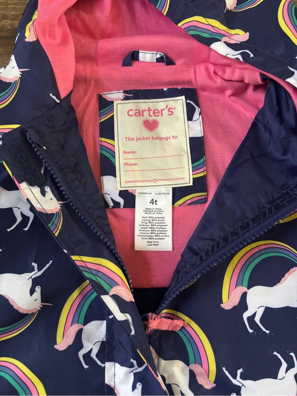 Carter's Navy Unicorn Raincoat with Pink Hood Lining